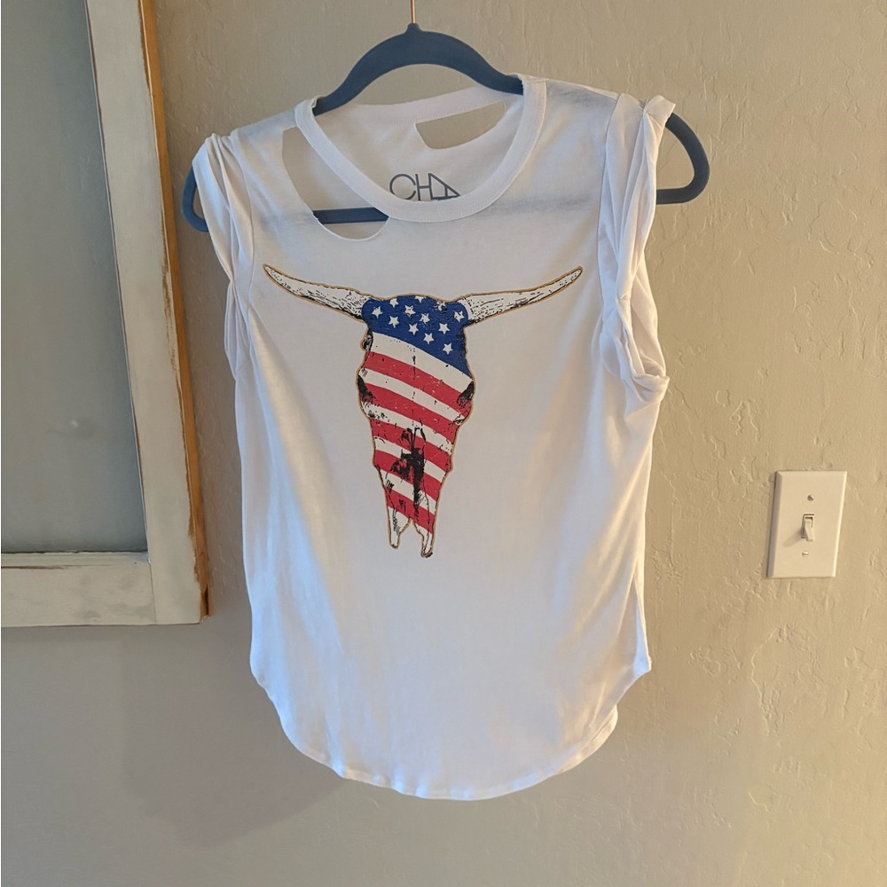 Chaser White Muscle Tee with American Flag Bull Design